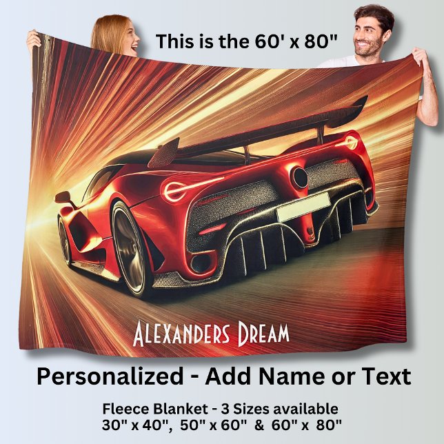 Add Name Text, Dramatic Modern Car in Red Burst  Fleece Blanket (Creator Uploaded)