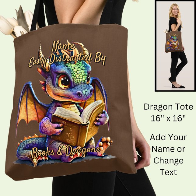 Add Name Text, Easily Distracted By Books Dragons Tote Bag (Creator Uploaded)