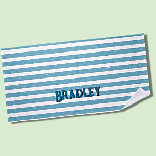 Add Name Text, Grungy Blue White Stripes Beach Towel