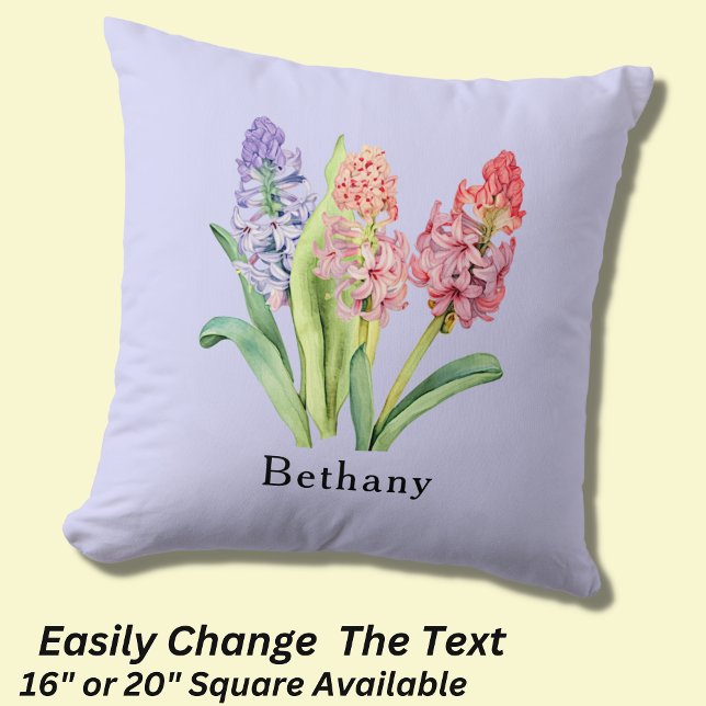 Add Name Text,  Hyacinth Flowers, Pinks & Purples Throw Pillow (Creator Uploaded)