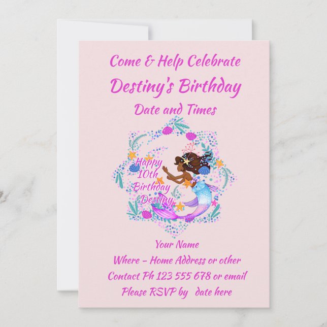 Add Name Text Mermaid Pink Mauve Aqua Party Invitation (Front)