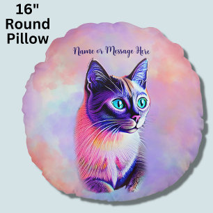 Add Name Text, Pastels Painted Siamese Cat         Round Pillow