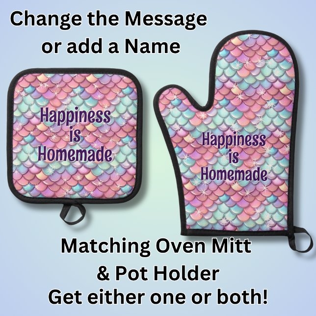 Add Name Text, Pink Aqua Mermaid Scales with Stars Oven Mitt & Pot Holder Set (Creator Uploaded)