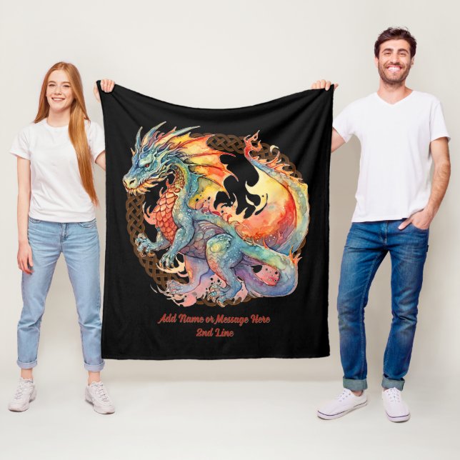 Add Name Text, Rainbow Fire Dragon Fleece Blanket (In Situ)
