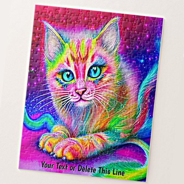 Add Name Text, Rainbow Neon Cat Kitten with Yarn Jigsaw Puzzle (Creator Uploaded)