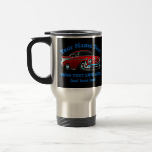 Add NAME TEXT Red Blue Hot Rod Classic Muscle Car  Travel Mug