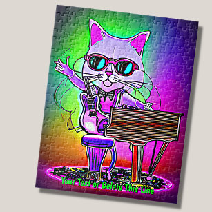 Add Name Text, Rock Star Cat Piano Musician Singer Jigsaw Puzzle