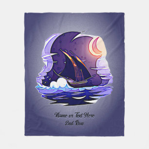 Add Name Text, Sailing Ship, Clouds Moon on Blue Fleece Blanket