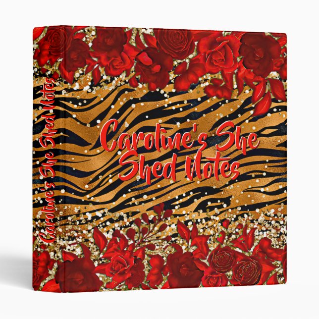 Add Name Text She Shed Tiger Stripes Red Flowers   Binder (Front/Spine)
