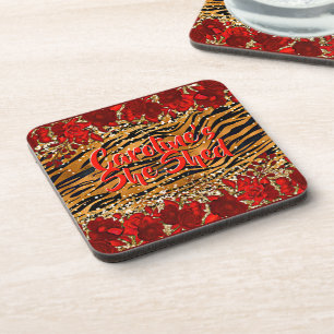 Add Name Text She Shed Tiger Stripes Red Flowers   Coaster