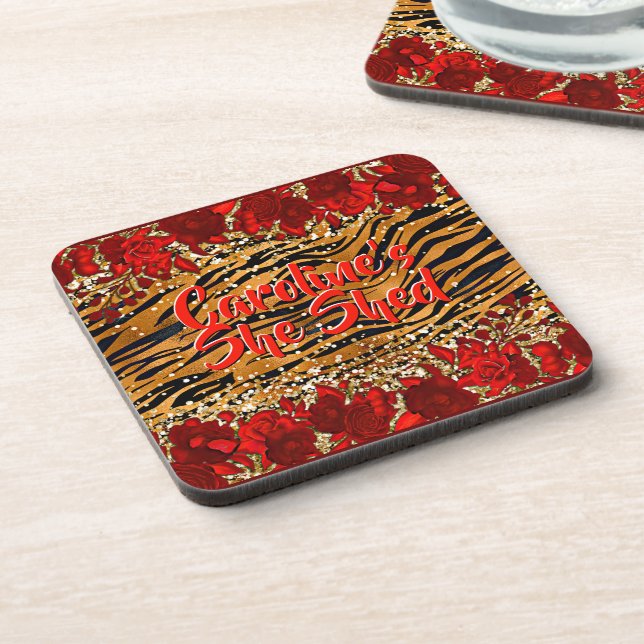 Add Name Text She Shed Tiger Stripes Red Flowers   Coaster (Left Side)