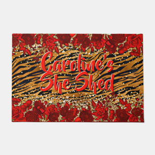 Add Name Text She Shed Tiger Stripes Red Flowers   Doormat