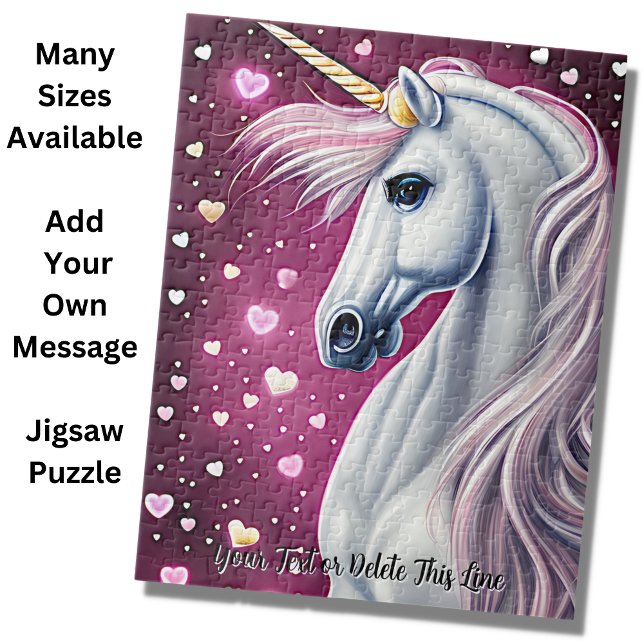 Add Name Text, Silver Mauve Unicorn, Hearts Purple Jigsaw Puzzle (Creator Uploaded)