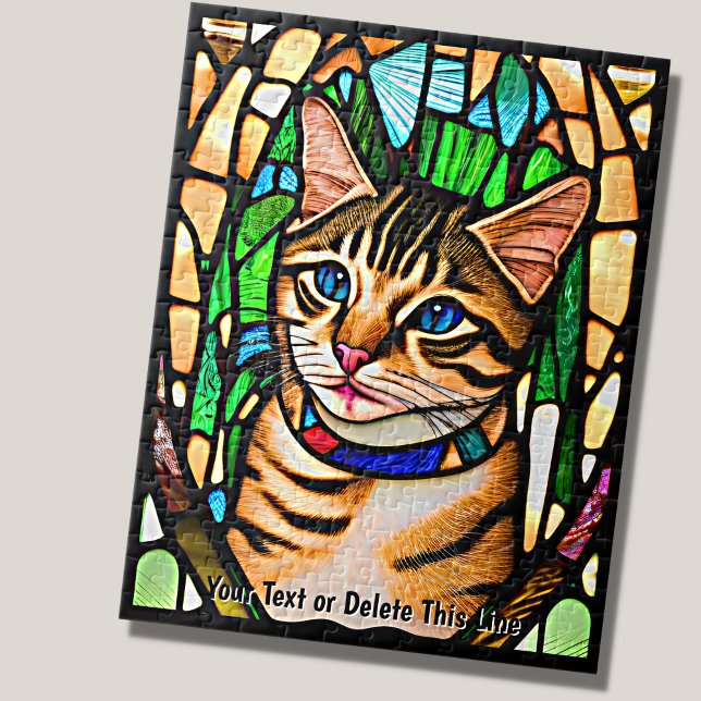 Add Name Text, Stained Glass Tabby Cat Blue Eyes Jigsaw Puzzle (Creator Uploaded)