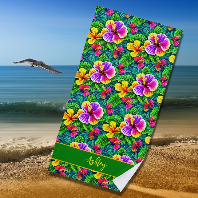 Add Name Text Tropical Hibiscus Flower Jungle Leaf Beach Towel (Creator Uploaded)