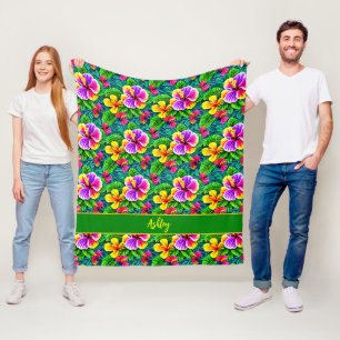 Add Name Text Tropical Hibiscus Flower Jungle Leaf Fleece Blanket