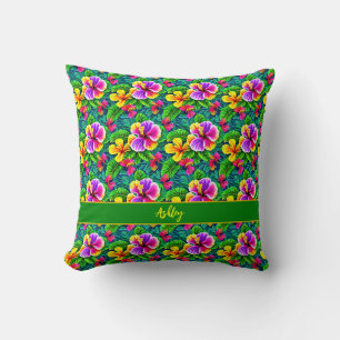 Add Name Text Tropical Hibiscus Flower Jungle Leaf Throw Pillow