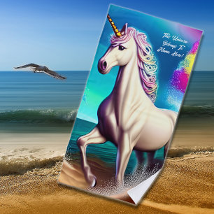Add Name Text, Unicorn Walking in the Sea Beach Towel