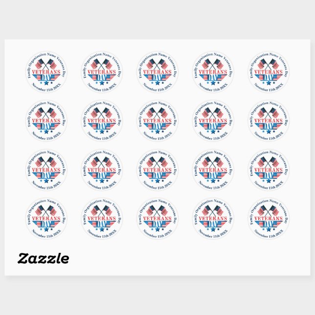 Add Name Text Veterans Day Flag Celebration Party  Classic Round Sticker (Sheet)
