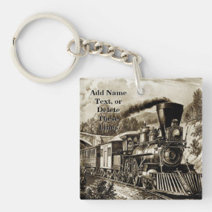 Add Name Text,  Vintage Steam Train Engine Keychain