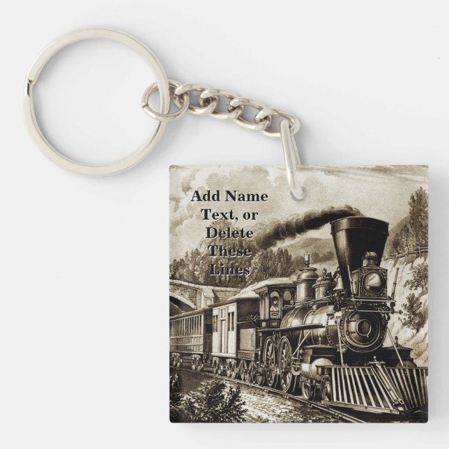 Add Name Text,  Vintage Steam Train Engine Keychain (Front)