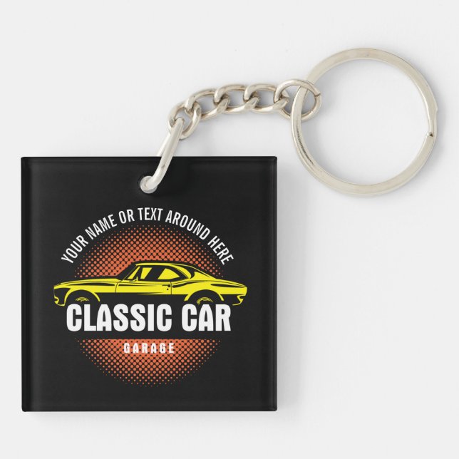 Add Name Text Yellow Classic Car  Keychain (Back)