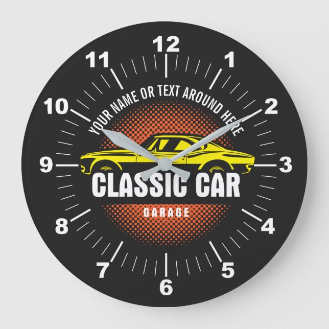 Add Name Text Yellow Classic Car   Large Clock (Front)