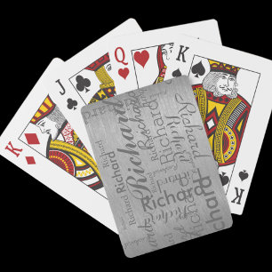 Add name to get personalized grey steel playing cards