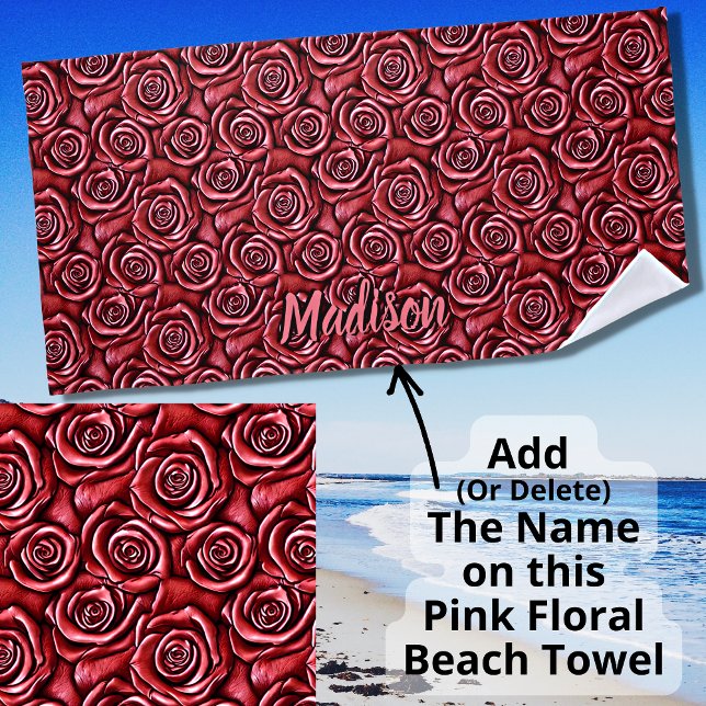 Add Name, Tooled Pink Leather Effect Roses Beach Towel (Creator Uploaded)