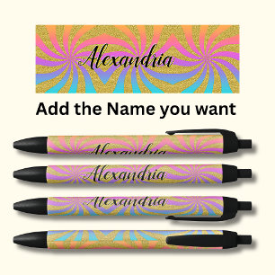 Add Name Twisted Sunburst Pop Art Sparkles Rainbow Black Ink Pen