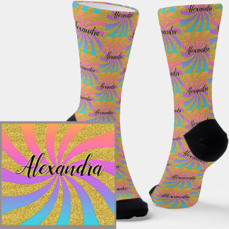 Add Name Twisted Sunburst Pop Art Sparkles Rainbow Socks