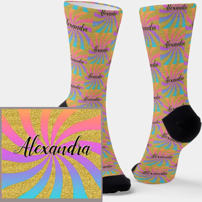Add Name Twisted Sunburst Pop Art Sparkles Rainbow Socks (Creator Uploaded)