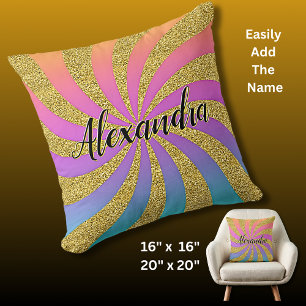 Add Name Twisted Sunburst Pop Art Sparkles Rainbow Throw Pillow