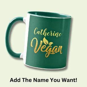 Add Name, Vegan Word Yellow Gold Typography Green  Mug