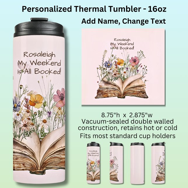 Add Name, Watercolor Book & Flowers, Pink Thermal Tumbler (Creator Uploaded)