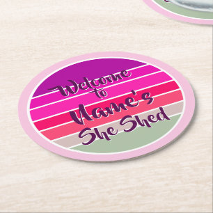 Add Name Welcome to She Shed Pink Retro Sunset Round Paper Coaster