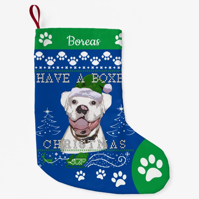 Add Name White Boxer Dog Christmas  Small Christmas Stocking (Front)
