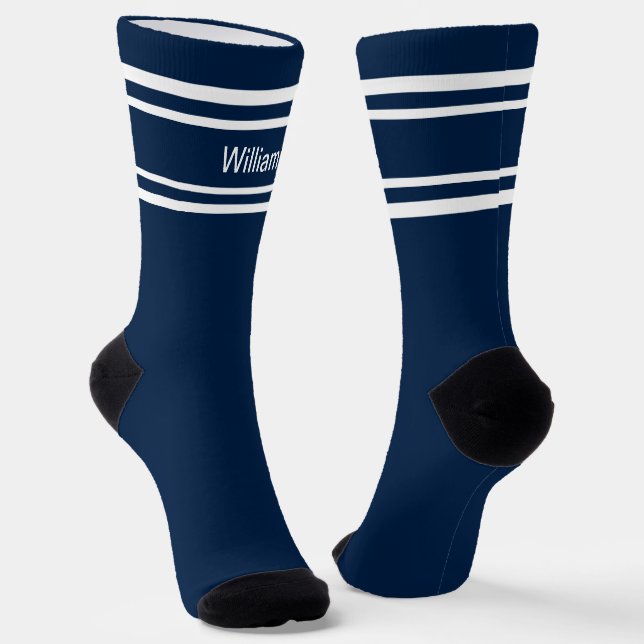 Add Name White Stripes on Dark Blue Socks (Angled)