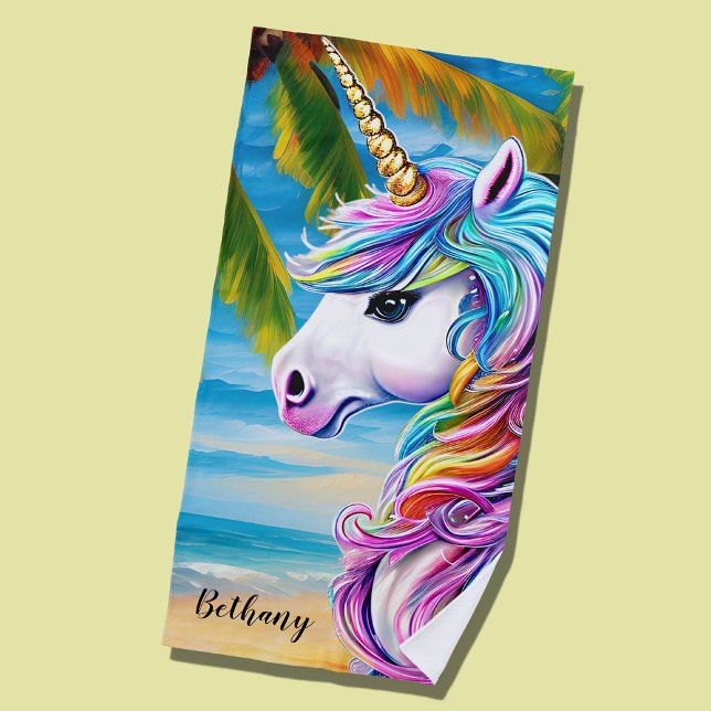 Add Name, White Unicorn with Rainbow Mane at the  Beach Towel (Creator Uploaded)