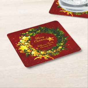Add Name Year Christmas 20xx Gold Wreath on Red  Square Paper Coaster