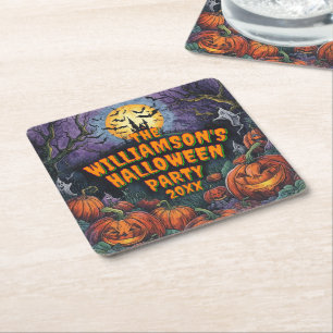 Add Name Year Halloween Party Square Paper Coaster