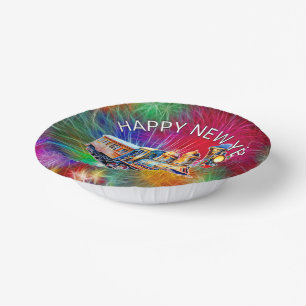 Add Name Year, Steam Train Fireworks New Year      Paper Plate