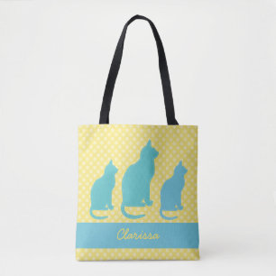 Add Name Yellow Polka Dot with Blue Cats Tote Bag