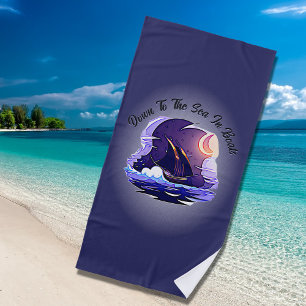 Add Name Your Text, Sailing Ship, Clouds Moon Blue Beach Towel