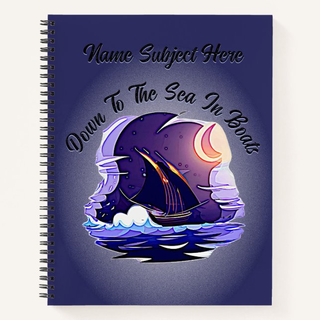 Add Name Your Text, Sailing Ship, Clouds Moon Blue Notebook (Front)