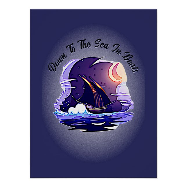 Add Name Your Text, Sailing Ship, Clouds Moon Blue Poster (Front)