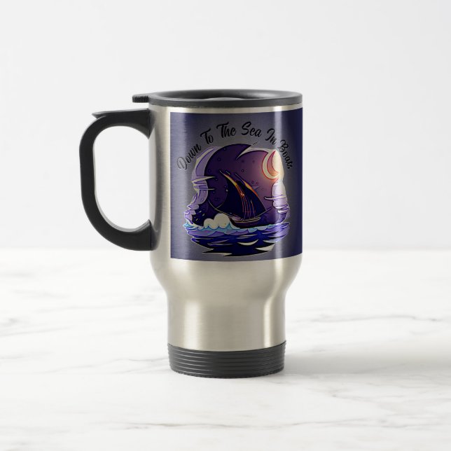 Add Name Your Text, Sailing Ship, Clouds Moon Blue Travel Mug (Left)