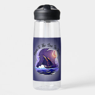 Add Name Your Text, Sailing Ship, Clouds Moon Blue Water Bottle