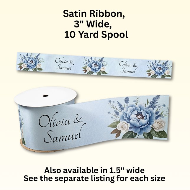 Add Names, 3" wide Blue Peony Wedding Suite  Satin Ribbon (Creator Uploaded)