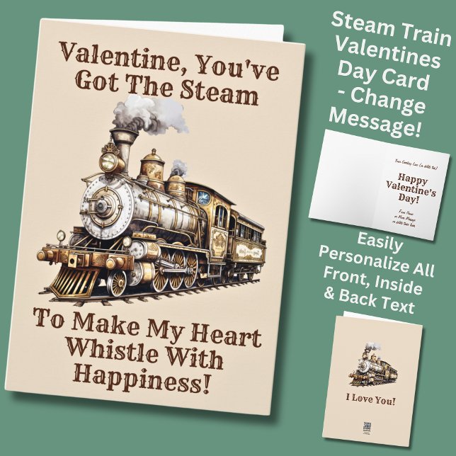 Add Names, Brown Steam Train Engine Valentines Day Card (Creator Uploaded)